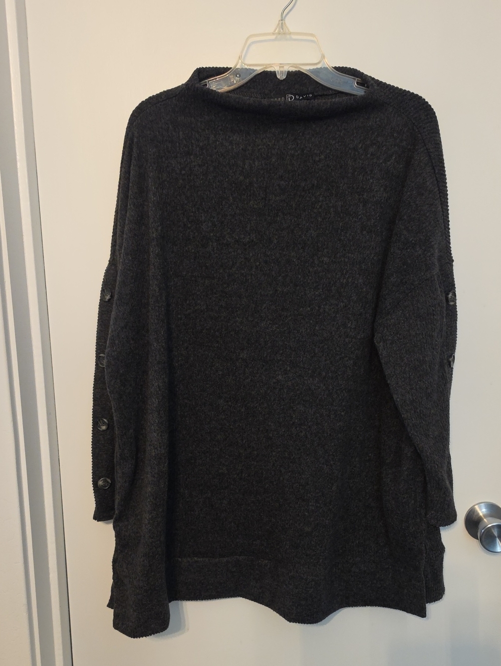 Fred David Charcoal Gray Cowl-Neck Button-Sleeve Sweater